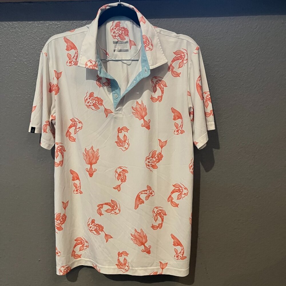SWANNIES  CO KOI FISH MEN'S FINN PERFORMANCE POLO GOLF SHIRT - EUC - SIZE LARGE
